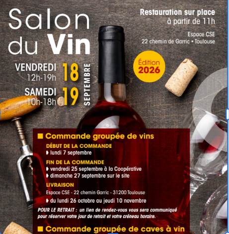 CSE – Coop&eacute;rative : Salon du Vin 2026 & Livret Commandes group&eacute;es Vins & Caves